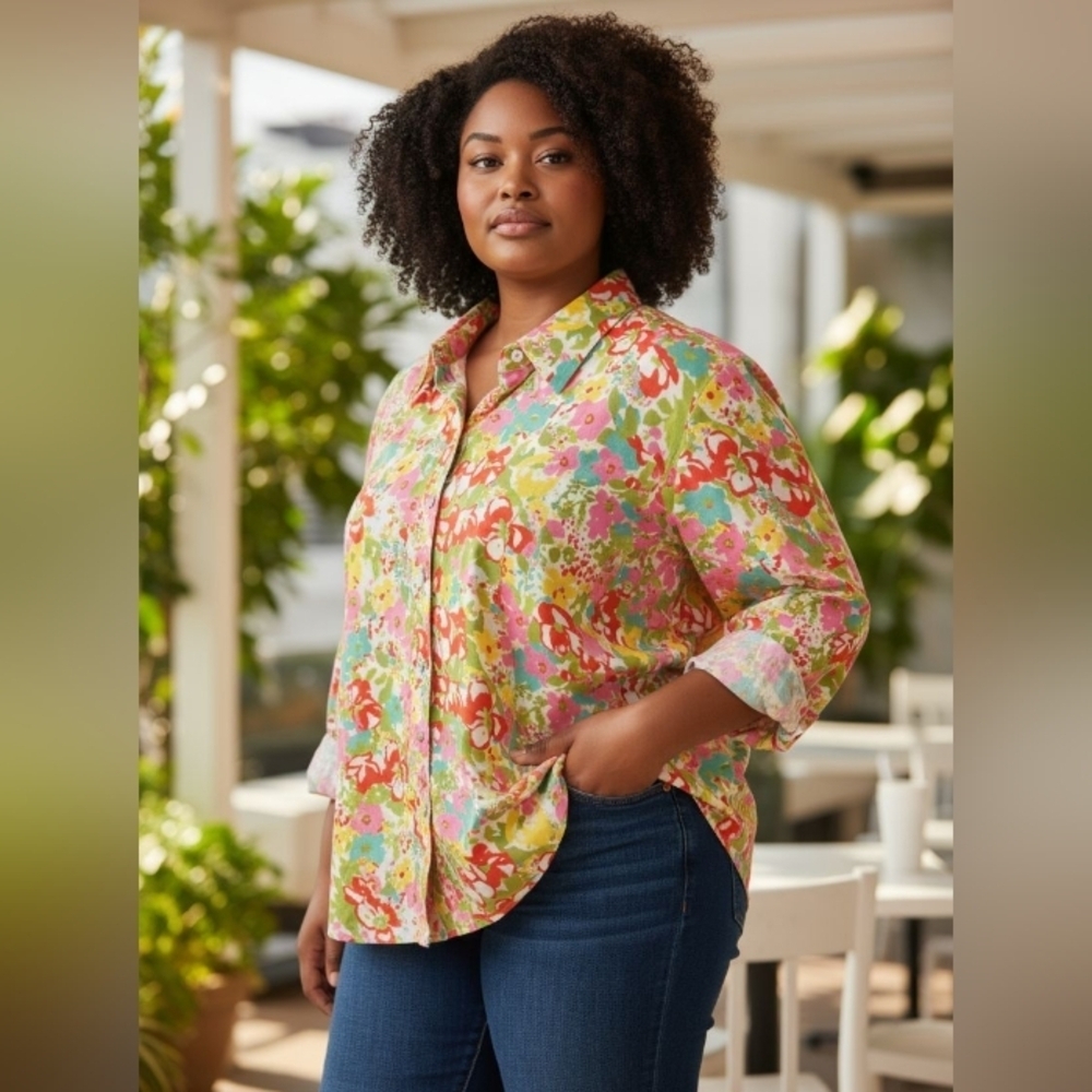 Foxcroft Abstract Floral Watercolor Blouse Classic Button Down Top Size 18